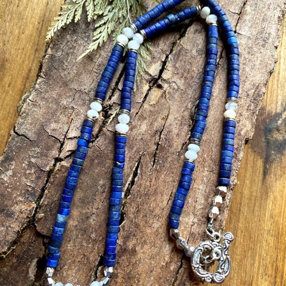 Genuine Lapis Lazuli with Moonstone Gemstone Necklace - Picture 7 of 7